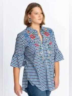 Johnny Was Taryn Embroidered Blue Gingham Bell Sleeve Tunic Top Blouse Womens XL
